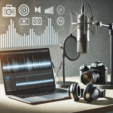 DALL·E 2025-02-26 16.11.58 - A modern creative workspace for podcasting and video production. The setup includes a professional microphone, high-quality headphones, and a laptop d